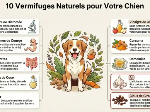 Un chien joyeux entouré d'ingrédients naturels pour lutter contre les vers. L'image liste 10 remèdes, comme les graines de courge, pour aider votre chien.