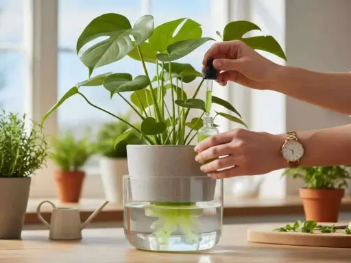 Une main ajoute une goutte d'engrais hydroponique maison à un pot de Monstera en train de pousser dans l'eau.