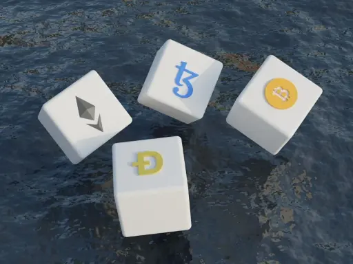 Kostki z symbolami kryptowalut (Bitcoin, Ethereum, Dogecoin, Tezos) unoszą się na wodzie, symbolizując zmienność i potencjał technologii block chain.