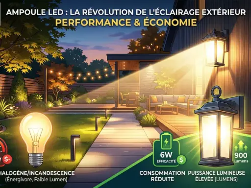 Jardin illuminé par des lanternes LED modernes, contrastant avec une ampoule halogène énergivore. Économie et performance.
