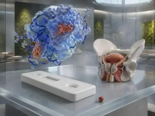 Model miednicy z pęcherzem i prostatą, test diagnostyczny i molekularna struktura. Symbolizuje diagnostykę i leczenie, np. norma psa po usunięciu prostaty.