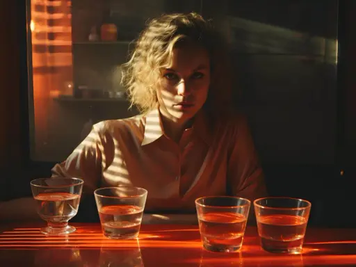 Kobieta z kręconymi włosami siedzi przy stole z czterema szklankami wody. Cienie padają na jej twarz, sugerując, że jest cichym alkoholikiem.