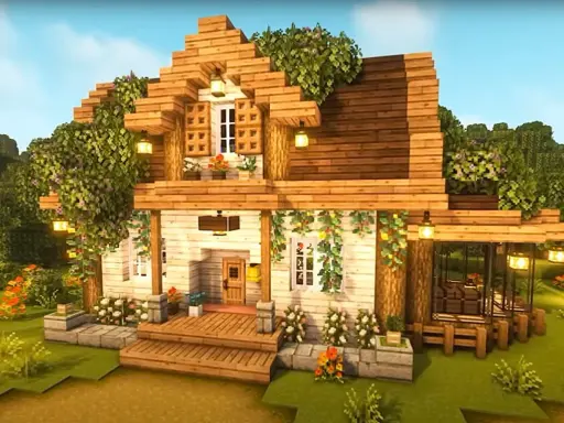 Uroczy, drewniany dom z Minecraft, otoczony zielenią i kwiatami. Idealny pomysł na dom w Minecraft dla miłośników natury.