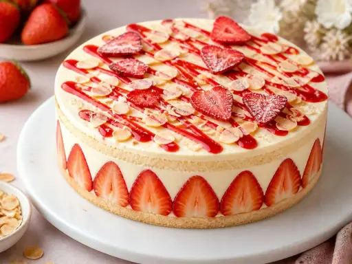 Gâteau génoise aux fraises facile, décoré de fraises fraîches, coulis rouge et amandes effilées. Un délice printanier !