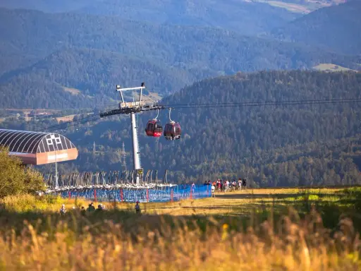 Krynica-Zdrój jakie to góry? Widok na kolej gondolową i zalesione stoki Beskidu Sądeckiego.