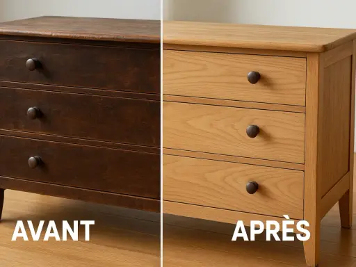 Commode en bois sombre avant restauration, puis après, révélant un style de meuble plus clair et naturel.