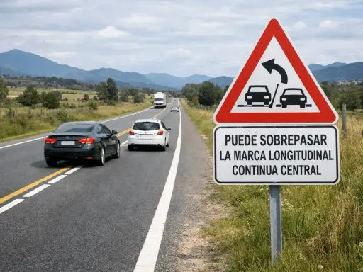 Señal de tráfico que indica que se puede rebasar la marca longitudinal continua central.