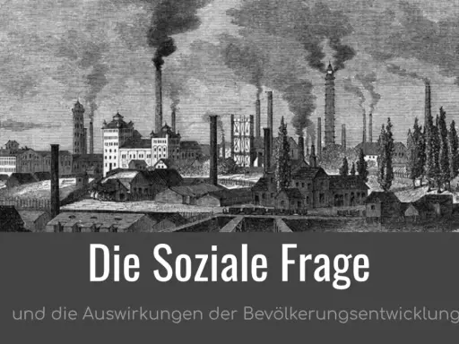 Dampfende Fabrikschlote über einer Stadt, die die soziale Frage und die Auswirkungen der Bevölkerungsentwicklung symbolisiert.