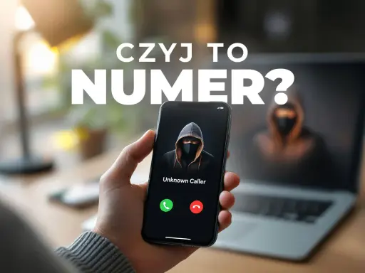 Czyj to numer? Na ekranie telefonu wyświetla się nieznany dzwoniący, a w tle sylwetka hakera.