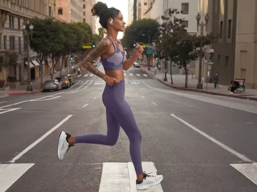 Donna in outfit viola, perfetto per come vestirsi in palestra, corre in strada.