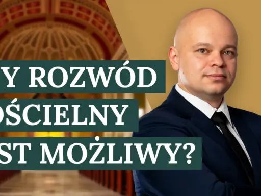 Mężczyzna w garniturze pyta: "Czy rozwód kościelny jest możliwy?". W tle kościelne wnętrze.