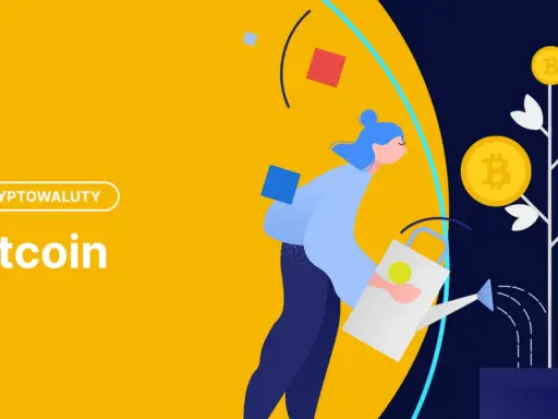 Kobieta podlewa drzewko z monetami bitcoin, symbolizując wzrost i pozytywne prognozy bitcoin.