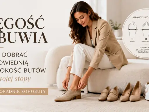 Kobieta dobiera buty, sprawdzając tęgość obuwia H. Poradnik pokazuje, jak dobrać idealnie dopasowane buty do stopy.