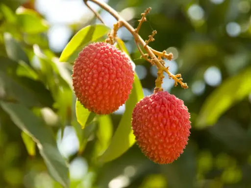 Deux litchis rouges et texturés pendent d'une branche, sur fond de feuilles vertes. Un arbre à litchi en France, une belle surprise !