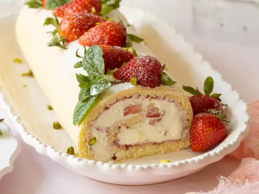 Eine köstliche Biskuitrolle mit Erdbeerfüllung, garniert mit frischen Erdbeeren, Minze und Pistazien. Ein süßer Genuss!