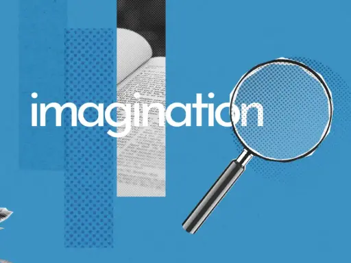 Loupe examinant le mot "imagination" sur un livre ouvert, un palmier en bas à gauche. Un synonyme d'imagination.