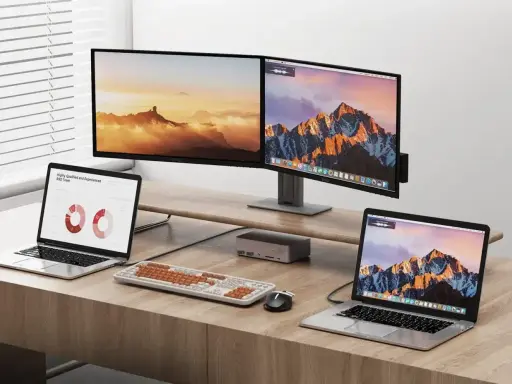 Dwa monitory i dwa laptopy na biurku. Dowiedz się, jak podłączyć dwa monitory do laptopa z jednym HDMI, używając stacji dokującej.