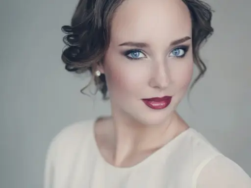 Maquillaje para vestido blanco: ojos ahumados y labios rojos intensos, peinado recogido con rizos.