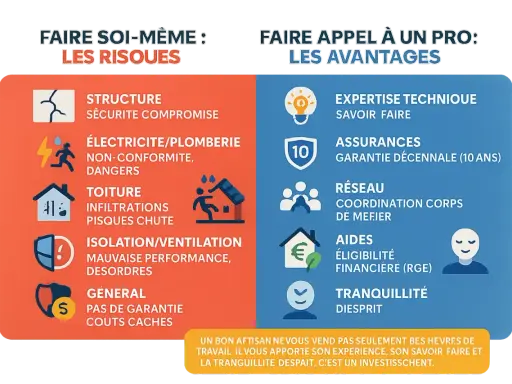 Comparaison des risques du bricolage et des avantages de faire appel à un professionnel pour la rénovation maison ancienne.