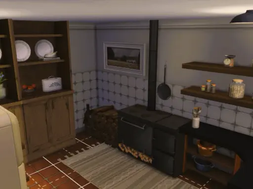 Przytulna kuchnia w stylu rustykalnym, idealna do gry The Sims 4. Drewniane meble, piec kaflowy i domowe dodatki tworzą ciepłą atmosferę.
