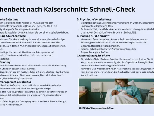 Eine Mutter hält ihr Neugeborenes im Arm. Der Text thematisiert das Wochenbett nach Kaiserschnitt und die damit verbundenen **Hormone nach Geburt**.