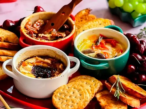 Drei kleine Auflaufförmchen mit geschmolzenem Camembert, garniert mit Nüssen, Tomaten und Kräutern, serviert mit Brot und Kirschen.