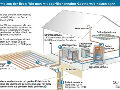 Schema zeigt, wie Geothermie vorteile bringt: Erdwärme wird über Kollektoren/Sonden gewonnen, von Wärmepumpe aufbereitet & zum Heizen genutzt.
