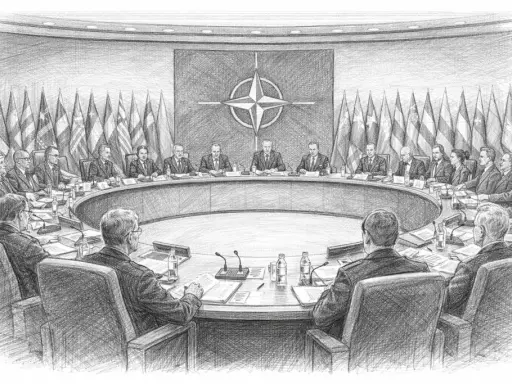 Eine Gruppe von Staatsmännern sitzt an einem runden Tisch, umgeben von Flaggen, und diskutiert über die Zukunft, vielleicht über die Abwehr von **Imperialismus**.