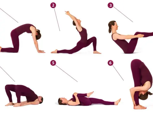 Frau in lila Kleidung übt Yoga-Posen, um die autochthone Muskulatur zu trainieren. Sechs nummerierte Übungen für Flexibilität und Kraft.