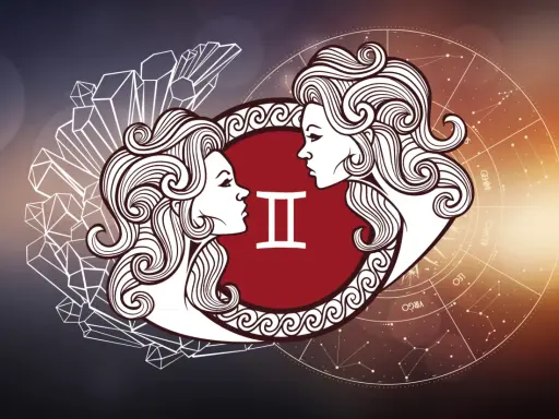 Dwie twarze symbolizujące panna znak zodiaku, otoczone kryształami i kołem zodiaku.