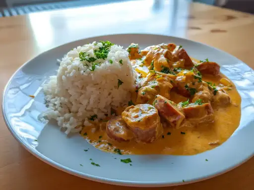 En portion krämig korvstroganoff med ris, toppad med färsk persilja. En klassisk svensk rätt som värmer själen.