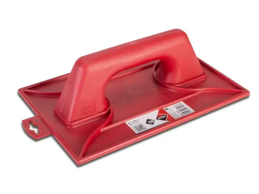 Herramienta roja de plástico con mango, ideal para trabajos de albañilería. Muestra la diferencia entre llana y talocha.