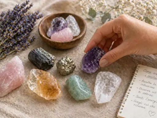 Mano sceglie un cristallo viola, circondato da quarzi di vari colori e lavanda. Il quarzo ha un profondo significato spirituale.