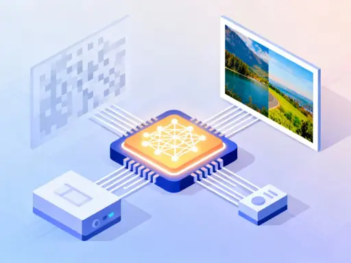 Procesamiento de datos para poner fondo negro a una foto. Un chip de IA procesa información de un código QR y genera una imagen con paisajes.