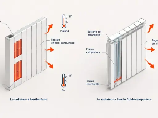 Comparaison de deux radiateurs électriques à inertie : l'un à inertie sèche avec façade en acier, l'autre à inertie fluide caloporteur avec façade en aluminium.