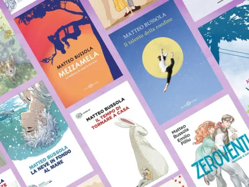 Copertine di libri di Matteo Bussola: "Un buon posto in cui fermarsi", "Mezzamela", "Il talento della rondine", "Viola e il blu", "La neve in fondo al mare", "Il tempo di tornare a casa" e "Zeroventi".