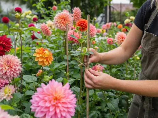 Un jardinier attache une tige de dahlia en pot. Des fleurs aux couleurs vives, roses, oranges et rouges, parsèment le parterre.