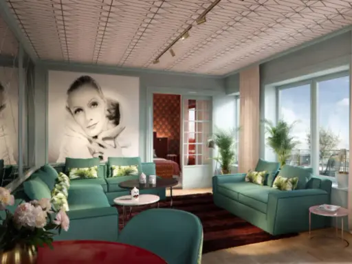 Ett lyxigt vardagsrum med inspiration från art deco i Stockholm. En stor bild av Greta Garbo dominerar väggen, omgiven av turkosa soffor och spegelväggar.