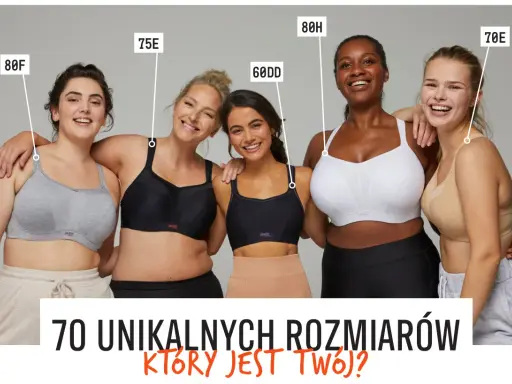 Pięć kobiet w różnych rozmiarach biustonoszy: 80F, 75E, 60DD, 80H, 70E. "70 unikalnych rozmiarów, który jest twój?