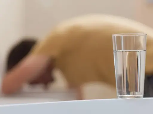 Person böjer sig över toaletten, troligen magsjuk av gammalt vatten. Ett glas vatten står på en vit yta.