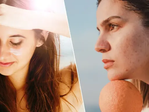 Visage protégé du soleil avec crème, puis profil avec acné et taches, une cicatrice soleil peut apparaître sans protection.