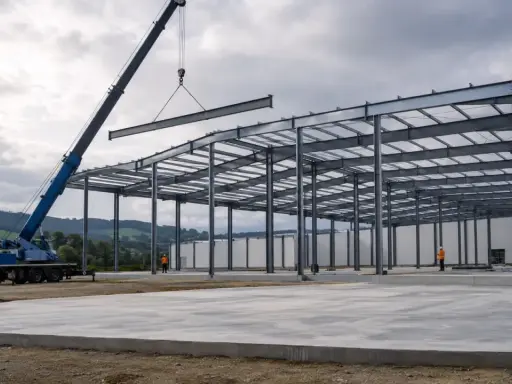 Grúa instala viga en estructura metálica de nave industrial. El diseño de naves industriales avanza con la colocación de elementos clave.