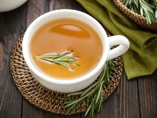 Une tasse d'infusion romarin dorée, garnie d'une branche de romarin frais, sur un dessous de plat en osier.