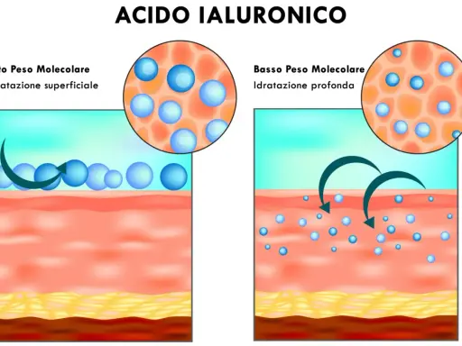 Acido ialuronico: alto peso molecolare per idratazione superficiale, basso peso molecolare per idratazione profonda.