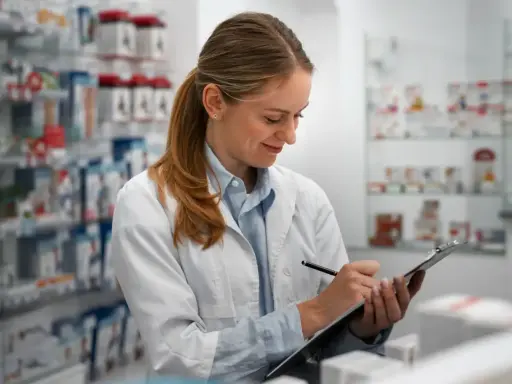 Farmaceutka w białym fartuchu notuje na tablicy, przygotowując receptę farmaceutyczną.