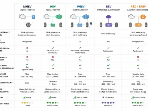 Porównanie MHEV, HEV, PHEV, BEV i REX/EREV: kluczowe różnice w napędzie, zasięgu i spalaniu.