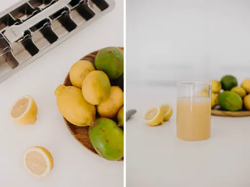 Eiswürfelform und frische Zitronen und Limetten für erfrischende Getränke. Perfekt, um Limetten einzufrieren und immer einen Vorrat zu haben.
