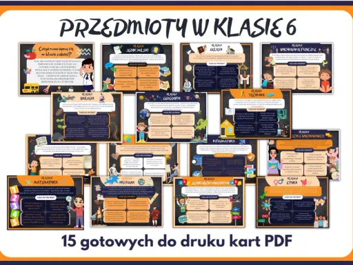 Przedmioty w klasie 6: język polski, matematyka, historia, geografia, biologia, technika, informatyka, wychowanie fizyczne, etyka, religia, języki obce.