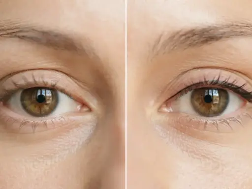 Avant/après : un œil sans maquillage et un œil avec un trait d'eye-liner fin, évoquant le maquillage permanent cils.