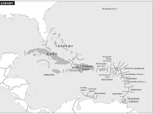 Mapa Karaibów, gdzie leżą m.in. Kuba, Bahamy, Jamajka, Haiti, Dominikana, Portoryko, Antigua i Barbuda, Gwadelupa, Martynika, Barbados, Trynidad i Tobago.